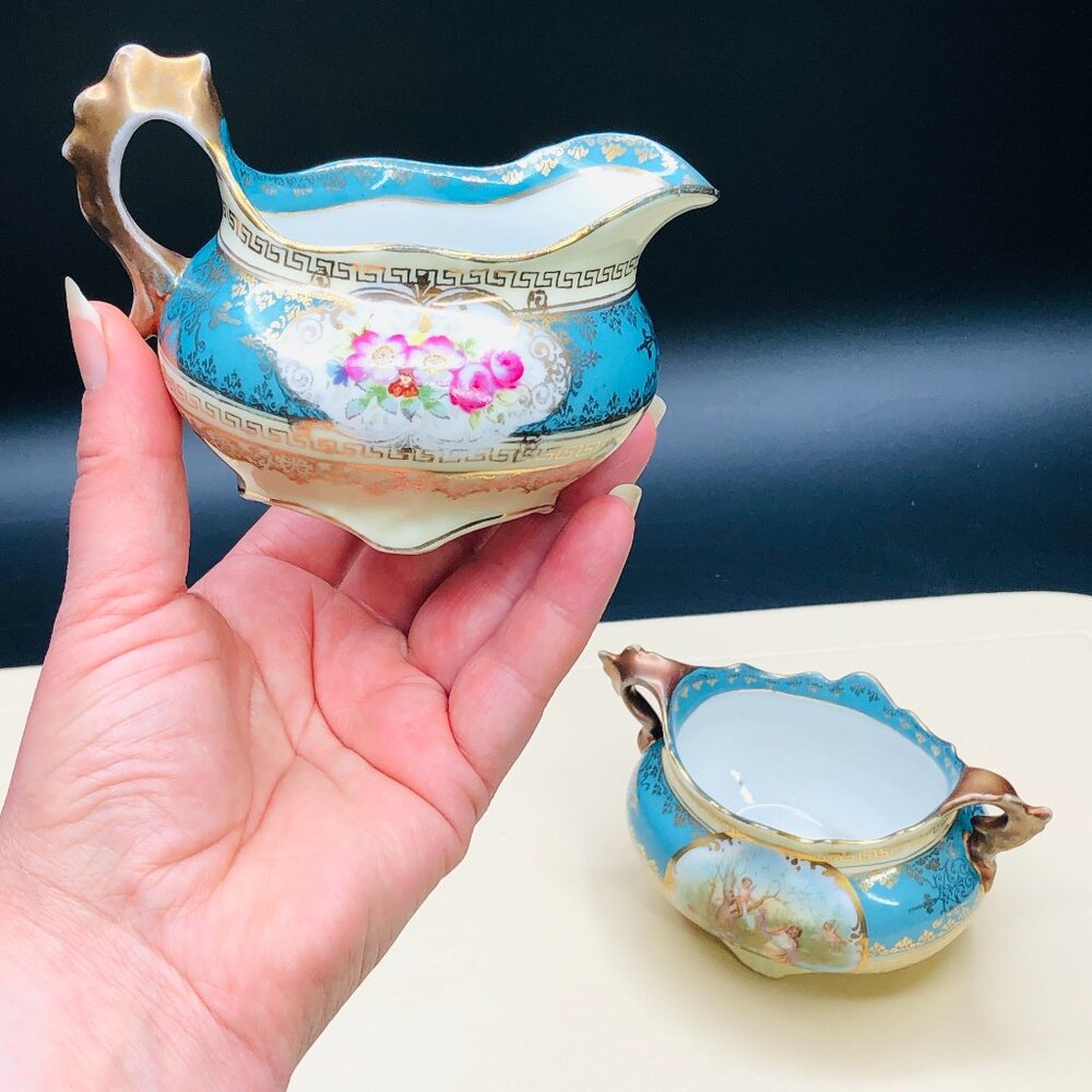 Antique Imperial Crown Austria Porcelain Creamer & Sugar Set: Cherub Tapestry